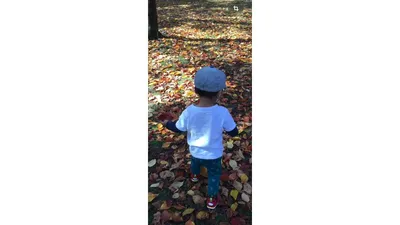 落ち葉が一面に広がる公園を、帽子をかぶって歩く子ども