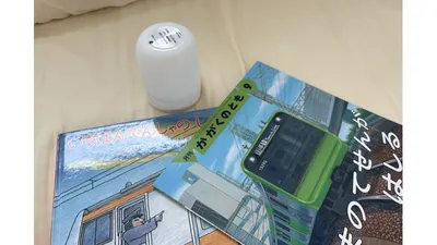 寝室の枕元に置いた絵本とライト。就寝前の読み聞かせが我が家の定番です