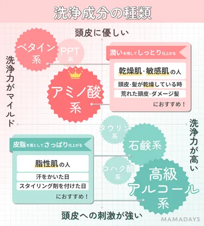 シャンプーの成分の特徴(アミノ酸系/ベタイン系/石鹸系/高級アルコール系)