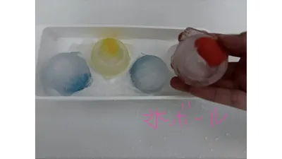 製氷皿におもちゃを入れて凍らせた「氷ボール」。3歳頃はこれで楽しく入ってくれていました