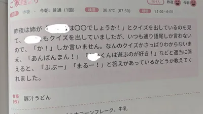 例文①：姉妹のクイズごっこの一場面。「さっぱりわからない」という親の気持ちを入れました