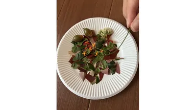 紙皿に葉っぱや花を盛りつけて、おままごとのごちそうに
